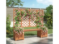 Conjunto de 2 floreiras sobre pés com treliça de madeira maciça + 1 banco - 169 x 42 x 145 cm - Castanho