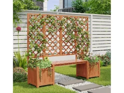 Conjunto de 2 floreiras sobre pés com treliça de madeira maciça + 1 banco - 169 x 42 x 145 cm - Castanho