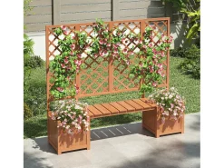 Conjunto de 2 floreiras sobre pés com treliça de madeira maciça + 1 banco - 169 x 42 x 145 cm - Castanho