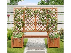 Conjunto de 2 floreiras sobre pés com treliça de madeira maciça + 1 banco - 169 x 42 x 145 cm - Castanho