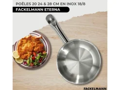 Conjunto de 3 frigideiras em inox Fackelmann Eterna 20-24-28 cm, compatíveis com indução, cabos rebitados, cozedura homogénea