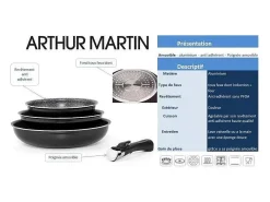 Conjunto de 3 frigideiras Arthur Martin 20/24/28 cm antiaderente pedra, cabo removível, para todos os fogões incluindo indução