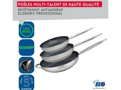 Conjunto de 3 Frigideiras em Aço Inoxidável 18/10 ELODUR® sem PFAS Ø24-28-32 cm com Tampas de Vidro – Todos os Fogões, Indução, Fundo Capsulado Eco