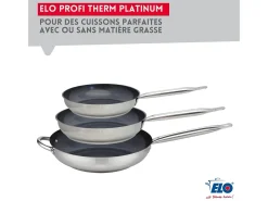 Conjunto de 3 Frigideiras em Aço Inoxidável 18/10 ELODUR® sem PFAS Ø24-28-32 cm com Tampas de Vidro – Todos os Fogões, Indução, Fundo Capsulado Eco