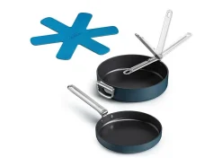Conjunto de 2 frigideiras antiaderentes Space Folding Handle Ceramic Non-stick Joseph Joseph, ahorro de espacio, mangos plegables, aptas para indução, azul.