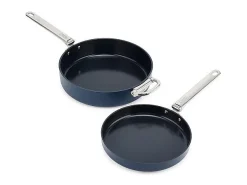 Conjunto de 2 frigideiras antiaderentes Space Folding Handle Ceramic Non-stick Joseph Joseph, ahorro de espacio, mangos plegables, aptas para indução, azul.