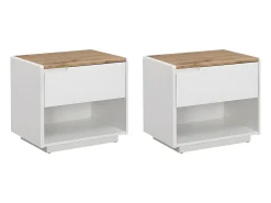 Conjunto de 2 mesas de cabeceira gaveta e prateleira MDF lacado a branco e natural AMANI