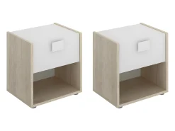 Conjunto de 2 mesas de cabeceira gaveta e prateleira cor natural e branco SONIA