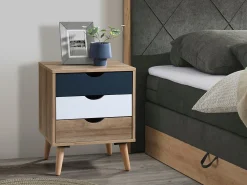 Conjunto de 2 mesas de cabeceira com 3 gavetas, nas cores branco natural e azul marinho - LURVIA