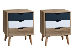 Conjunto de 2 mesas de cabeceira com 3 gavetas, nas cores branco natural e azul marinho - LURVIA