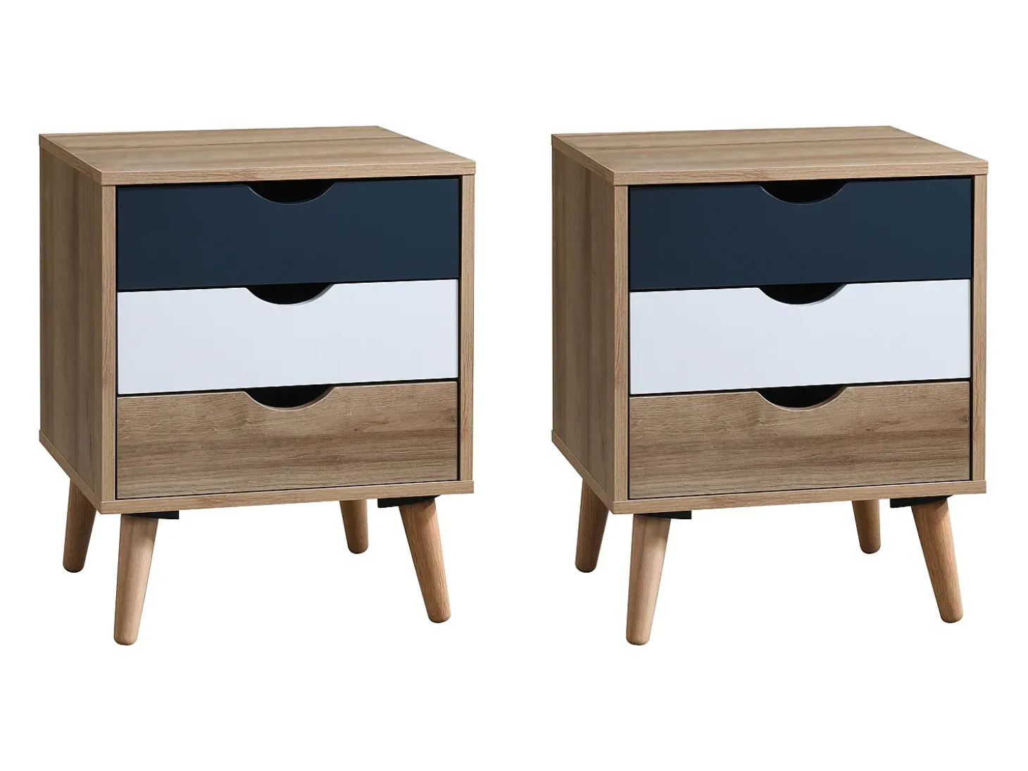 Conjunto de 2 mesas de cabeceira com 3 gavetas, nas cores branco natural e azul marinho - LURVIA