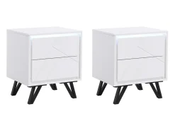 Conjunto de 2 mesas de cabeceira 2 gavetas e LEDs, MDF lacado a branco - SALIANO
