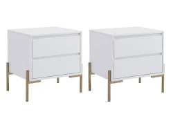 Conjunto de 2 mesas de cabeceira, 2 gavetas MDF e metal lacado a branco e dourado KORASA