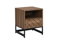 Conjunto de 2 mesas de cabeceira, 1 com gaveta e 1 com prateleira aberta, em MDF e aço, nas cores natural e preta - CARATANA
