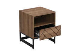 Conjunto de 2 mesas de cabeceira, 1 com gaveta e 1 com prateleira aberta, em MDF e aço, nas cores natural e preta - CARATANA