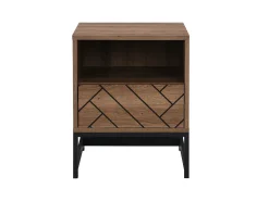 Conjunto de 2 mesas de cabeceira, 1 com gaveta e 1 com prateleira aberta, em MDF e aço, nas cores natural e preta - CARATANA