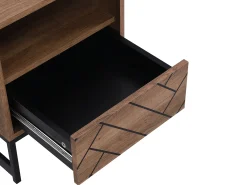 Conjunto de 2 mesas de cabeceira, 1 com gaveta e 1 com prateleira aberta, em MDF e aço, nas cores natural e preta - CARATANA