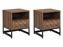 Conjunto de 2 mesas de cabeceira, 1 com gaveta e 1 com prateleira aberta, em MDF e aço, nas cores natural e preta - CARATANA