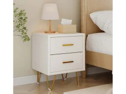 Conjunto de 2 mesas de cabeceira modernas em couro PU com 2 gavetas e pés de metal dourado, 41x35,5x51cm, bege.