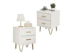 Conjunto de 2 mesas de cabeceira modernas em couro PU com 2 gavetas e pés de metal dourado, 41x35,5x51cm, bege.