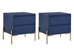 Conjunto de 2 mesas de cabeceira, 2 gavetas MDF e metal lacado a azul e dourado KORASA
