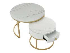 Conjunto de 2 mesas de centro encaixáveis com padrão de mármore e gaveta - 70 x 70 x 48 cm + 50 x 50 x 43,5 cm - MDF - Branco