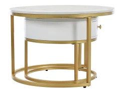 Conjunto de 2 mesas de centro encaixáveis com padrão de mármore e gaveta - 70 x 70 x 48 cm + 50 x 50 x 43,5 cm - MDF - Branco