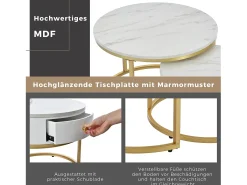 Conjunto de 2 mesas de centro encaixáveis com padrão de mármore e gaveta - 70 x 70 x 48 cm + 50 x 50 x 43,5 cm - MDF - Branco
