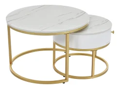 Conjunto de 2 mesas de centro encaixáveis com padrão de mármore e gaveta - 70 x 70 x 48 cm + 50 x 50 x 43,5 cm - MDF - Branco