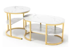 Conjunto de 2 mesas de centro encaixáveis, mesa encaixável com design de mármore, estrutura de metal dourado
