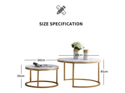 Conjunto de 2 mesas de centro encaixáveis - mármore branco e metal dourado, mesa lateral moderna, para sala de estar e quarto