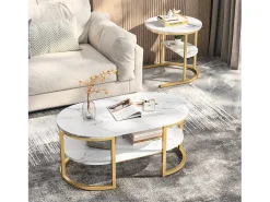 Conjunto de 2 mesas de centro escandinavas - oval, estampa de mármore, prateleiras de armazenamento, estrutura de metal dourado