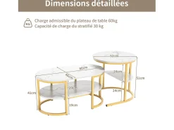 Conjunto de 2 mesas de centro escandinavas - oval, estampa de mármore, prateleiras de armazenamento, estrutura de metal dourado