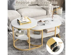 Conjunto de 2 mesas de centro escandinavas - oval, estampa de mármore, prateleiras de armazenamento, estrutura de metal dourado