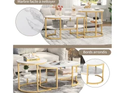Conjunto de 2 mesas de centro escandinavas - oval, estampa de mármore, prateleiras de armazenamento, estrutura de metal dourado