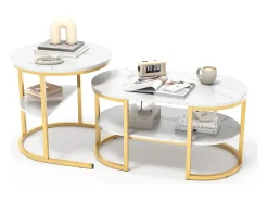 Conjunto de 2 mesas de centro escandinavas - oval, estampa de mármore, prateleiras de armazenamento, estrutura de metal dourado