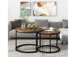 Conjunto de 2 mesas de centro encaixáveis, mesa lateral redonda em MDF, folheado marmorizado, estilo industrial, marrom