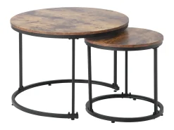 Conjunto de 2 mesas de centro encaixáveis, mesa lateral redonda em MDF, folheado marmorizado, estilo industrial, marrom