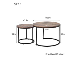Conjunto de 2 mesas de centro encaixáveis, mesa lateral redonda em MDF, folheado marmorizado, estilo industrial, marrom