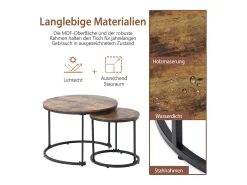 Conjunto de 2 mesas de centro encaixáveis, mesa lateral redonda em MDF, folheado marmorizado, estilo industrial, marrom