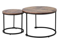 Conjunto de 2 mesas de centro encaixáveis, mesa lateral redonda em MDF, folheado marmorizado, estilo industrial, marrom