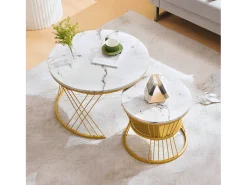 Conjunto de 2 mesas de encastrar - folheado com padrão mármore - estrutura dourada - Branco