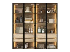 Conjunto de 2 móveis de banheiro com LEDs - 148 x 36 x 155 cm - 4 gavetas grandes e 4 portas de vidro - Madeira MDF - natural