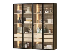 Conjunto de 2 móveis de banheiro com LEDs - 148 x 36 x 155 cm - 4 gavetas grandes e 4 portas de vidro - Madeira MDF - natural