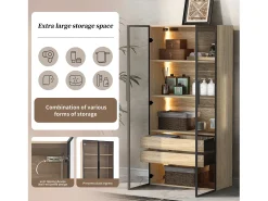 Conjunto de 2 móveis de banheiro com LEDs - 148 x 36 x 155 cm - 4 gavetas grandes e 4 portas de vidro - Madeira MDF - natural