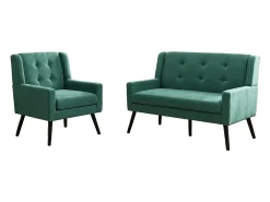 Conjunto de 2 sofás de dois lugares e cadeirões em tecido de linho verde com pés em madeira.