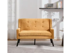 Conjunto de 2 sofás de dois lugares e cadeirões em linho amarelo com pés em madeira.