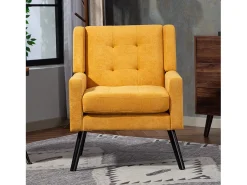 Conjunto de 2 sofás de dois lugares e cadeirões em linho amarelo com pés em madeira.