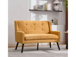 Conjunto de 2 sofás de dois lugares e cadeirões em linho amarelo com pés em madeira.