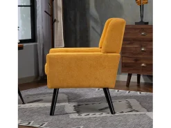 Conjunto de 2 sofás de dois lugares e cadeirões em linho amarelo com pés em madeira.